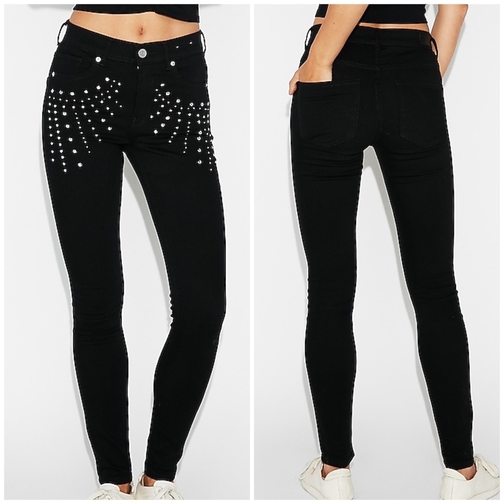 🖤 EXPRESS Black Studded High Waisted Skinny Jean Leggings - Picture 1 of 13